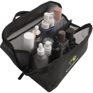 A large capacity black nylon mesh cosmetic bag filled with various bottles and containers for cosmetics or skincare.