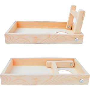 A wooden mini cornhole game board in a natural finish, featuring two boards with a folding support.