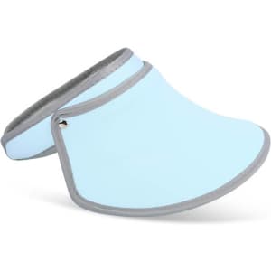 A light blue visor hat featuring a grey trim and an adjustable band, with a logo on the side.