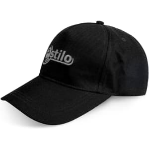 A black cap with a curved brim and a logo on the front, featuring a classic design.