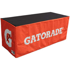 A 4ft fitted table cloth in orange with a black top and a logo.