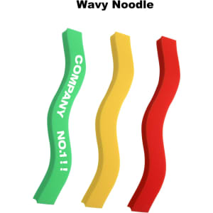 Three wavy noodle-shaped sticks in green, yellow, and red, with one featuring a logo.