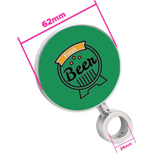 A circular green beer tap badge with a silver attachment, featuring a decorative design. Measures 62mm in diameter.