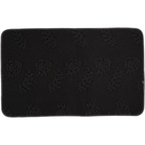 A black flannel mat featuring a textured design and a logo. The mat has a soft, plush surface.