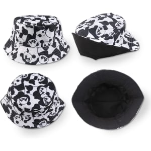 A black and white sublimation bucket hat featuring a panda pattern, shown from multiple angles. The interior is black.