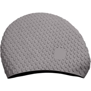 A premium silicone swimming cap in grey, featuring a textured surface with water droplet patterns and a logo.