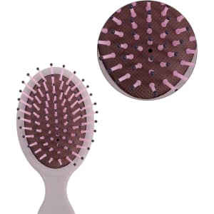 A mini paddle brush featuring a light grey handle and a brown bristle surface with pink accents.
