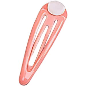 A pink hair clip with a round, light-coloured top and a sleek design. It features a branding logo.