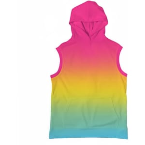 A sleeveless hoodie in a gradient of pink, yellow, and blue, featuring a front pocket and a hood.