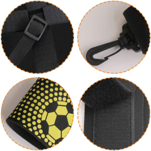 A close-up of a black soccer training belt featuring a clip, strap, and velcro, with a yellow soccer ball design.