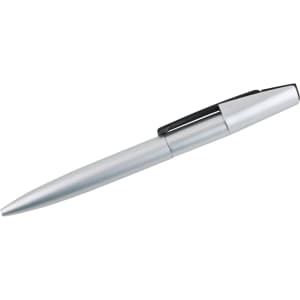 A silver USB memory pen with a sleek design and a black clip, featuring a logo on its surface.