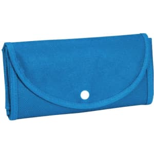 A foldable bag in bright blue, featuring a snap closure and a textured surface, with a logo displayed on it.