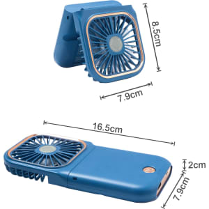 A blue folding neck fan with a phone stand, featuring a circular fan design and dimensions displayed.