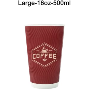 A red corrugated double wall paper cup with a logo, designed for serving hot beverages.