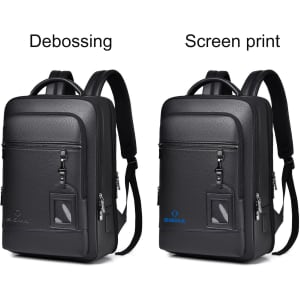 A polyurethane laptop backpack available in black, featuring a debossed and a screen print design option.