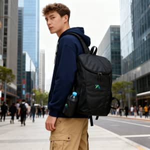A young person wearing a navy hoodie stands outdoors with a black packable travel backpack and a drink bottle attached.