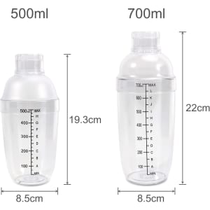 A drink bottle set featuring a 500ml and a 700ml shaker with filter tops, both in clear plastic.