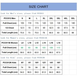 A size chart detailing measurements for men's, women's, and kids' polo shirts in centimetres.