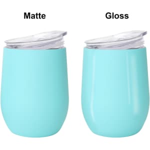 A drink bottle in turquoise featuring a matte and a gloss finish, with clear lids and a logo.