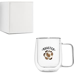 A barrel-shaped double wall mug in clear glass with a handle, featuring a coffee bean design. It comes in a plain white box.