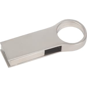 A metallic USB flash drive with a sleek, rectangular design and a circular hole at one end for easy attachment.