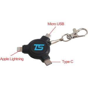 A black 3-in-1 ABS data blocker with Apple Lightning, Micro USB, and Type C connectors, attached to a keyring.