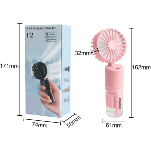 A pink neck spray fan with a detachable bottle, displayed beside its box featuring dimensions and a logo.
