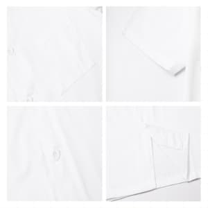 A white chef jacket with short sleeves, featuring buttons and pockets, and a logo.