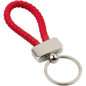A red braided keyring tag with a silver metal attachment. It includes a circular keyring.