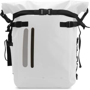 A waterproof roll top backpack in white, featuring adjustable black straps and a side pocket with a reflective strip.