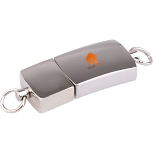 A silver flash drive with a sleek design and a keyring attachment. It features a logo on its surface.