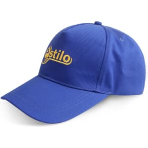 A blue cap with a curved peak and a logo on the front. It features a structured design for a comfortable fit.