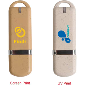 A beige and light grey flash drive with branding and a silver metallic clasp.