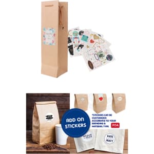 A drink bottle paper bag in brown with a circular logo and decorative stickers nearby, showcasing various designs.