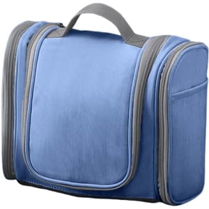 A blue large capacity storage bag with multiple compartments and a grey handle. Features a logo.