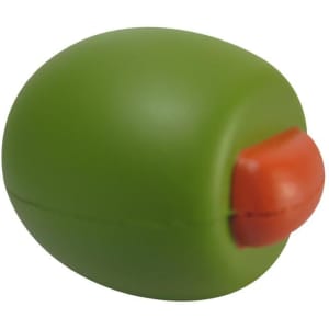 A green olive-shaped stress reliever with an orange stem, featuring a smooth, matte finish and a subtle branding logo.