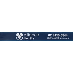 A blue PVC lanyard featuring a logo and contact information, designed for durability and convenience.