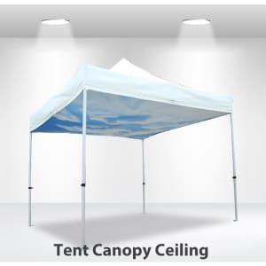 A large white marquee with a blue sky design on the canopy ceiling and a sturdy frame.