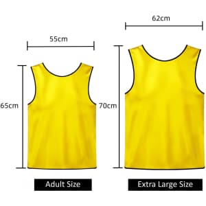 A yellow training bib featuring adult and extra-large size dimensions displayed. It has a branding logo.