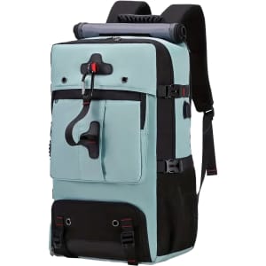 A convertible backpack duffel bag in light blue and black, featuring adjustable straps and multiple compartments.