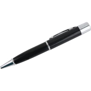 A black metal pen with a shiny silver clip and tip, designed as a flash drive.