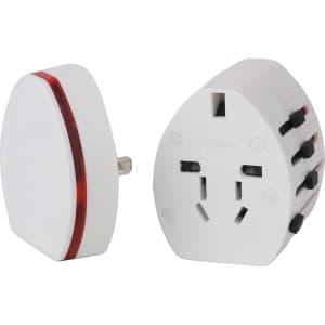 A white travel adapter with a red stripe, featuring multiple port options and USB compatibility.
