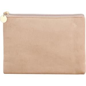 A durable flat makeup bag in a soft beige colour with a zip closure and a small decorative tag.
