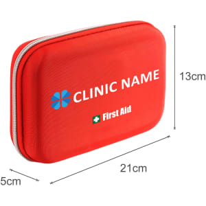 A red hard shell first aid kit case with dimensions labelled, featuring a logo.