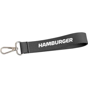 A black keyring strap with a silver clip and a white logo. Suitable for holding keys or small items.