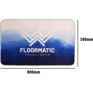 A flannel logo mat with a gradient of blue shades, featuring a logo in the centre. Dimensions are 800mm by 500mm.