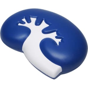 A blue and white kidney-shaped stress reliever with a tree design cutout.