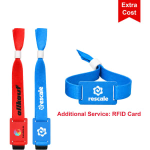 Two RPET fabric wristbands in red and blue, featuring branding and adjustable designs.