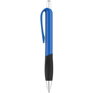 A blue plastic pen with a black grip and a chrome clip, featuring a branding logo.