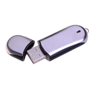 A sleek, silver flash drive with a removable cap and a USB connector. It features a logo on the surface.
